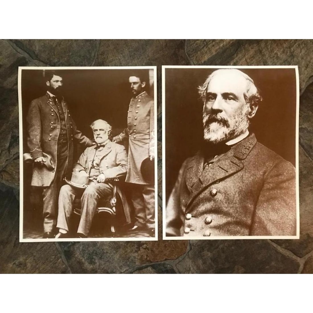 Pair of Civil War Confederate General Robert E Lee Photo Prints: Pair of Civil War scenes, Confederate General Robert E Lee sepia-tone photo prints. Includes bust shot & sitting with sons. 11" X 14" each.