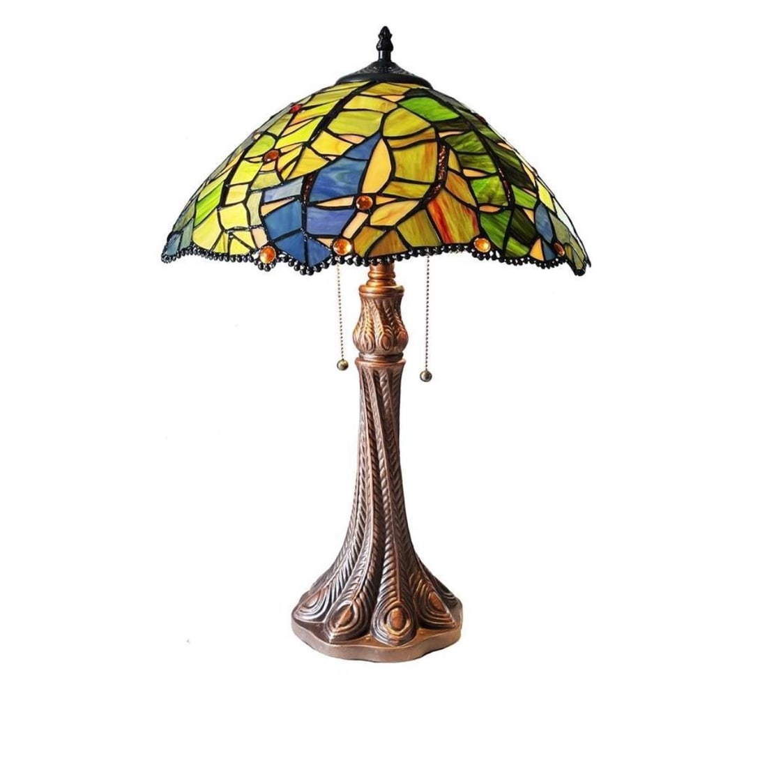 Tropical Leaf Stained Art Glass Table Lamp: Tiffany style, stained art glass, 2-light table lamp with a tropical Monstera leaf patterned shade. Created using 288 hand cut pieces of stained art glass & 21 glass beads wrapped in copper foil with