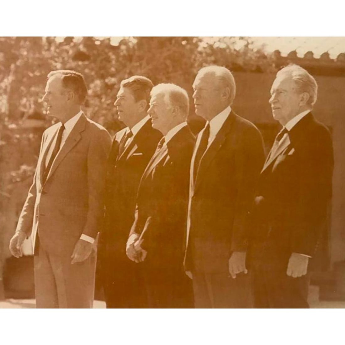 20th Century Former Presidents Photo Print: Five 20th Century Former Presidents of the United States sepia-tone photo print. George Bush, Ronald Reagan, Jimmy Carter, Gerald Ford & Richard Nixon. Created in the early 1990s for The American Heri