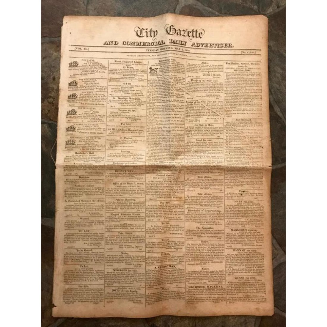 RARE! 200+ Year Old Newspaper, Charleston SC City Gazette: Rare! 200+ year old newspaper, Charleston, South Carolina's City Gazette dated Tuesday Morning, May 2, 1820. A fascinating read with news of the day & the most interesting ads to sell horses, linens,