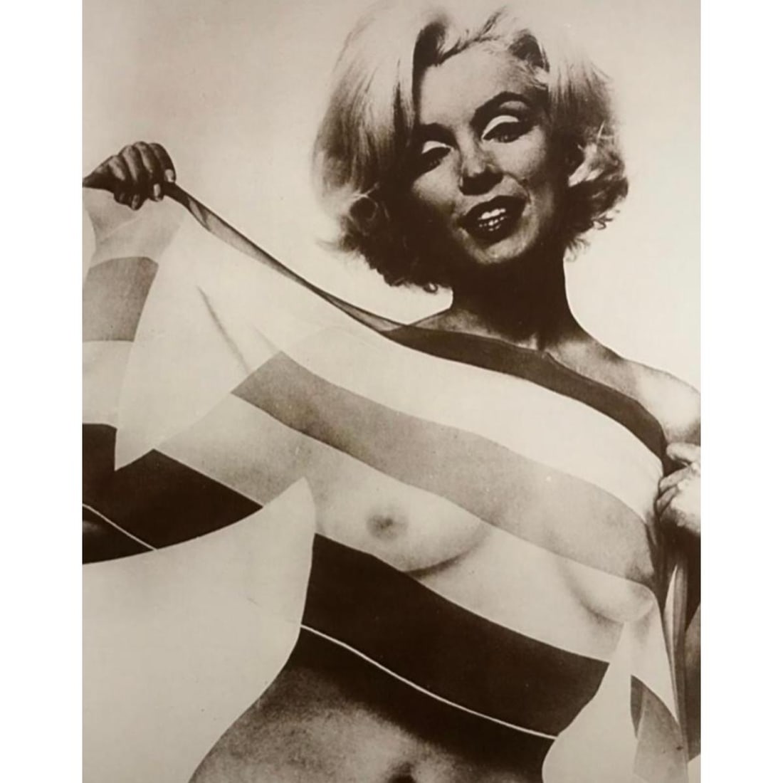 Nude Marilyn Monroe Photo Print: Vintage from the 1990's sepia-tone photo print, on heavy card stock. 1960's Nude Marilyn Monroe behind a see-through scarf. 8" X 10".