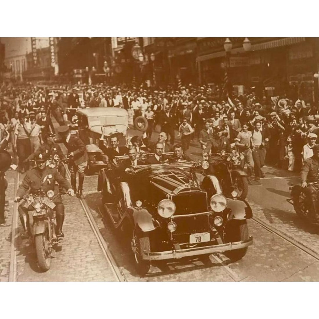 Roosevelt Atlanta, Georgia 1932 Campaign Photo Print: Franklin Delano Roosevelt in Atlanta Georgia, 1932 Presidential Campaign Trip, sepia-tone photo print. Created in the early 1990's for The American Heritage Galleries, printed on heavy cardstock. 11" 