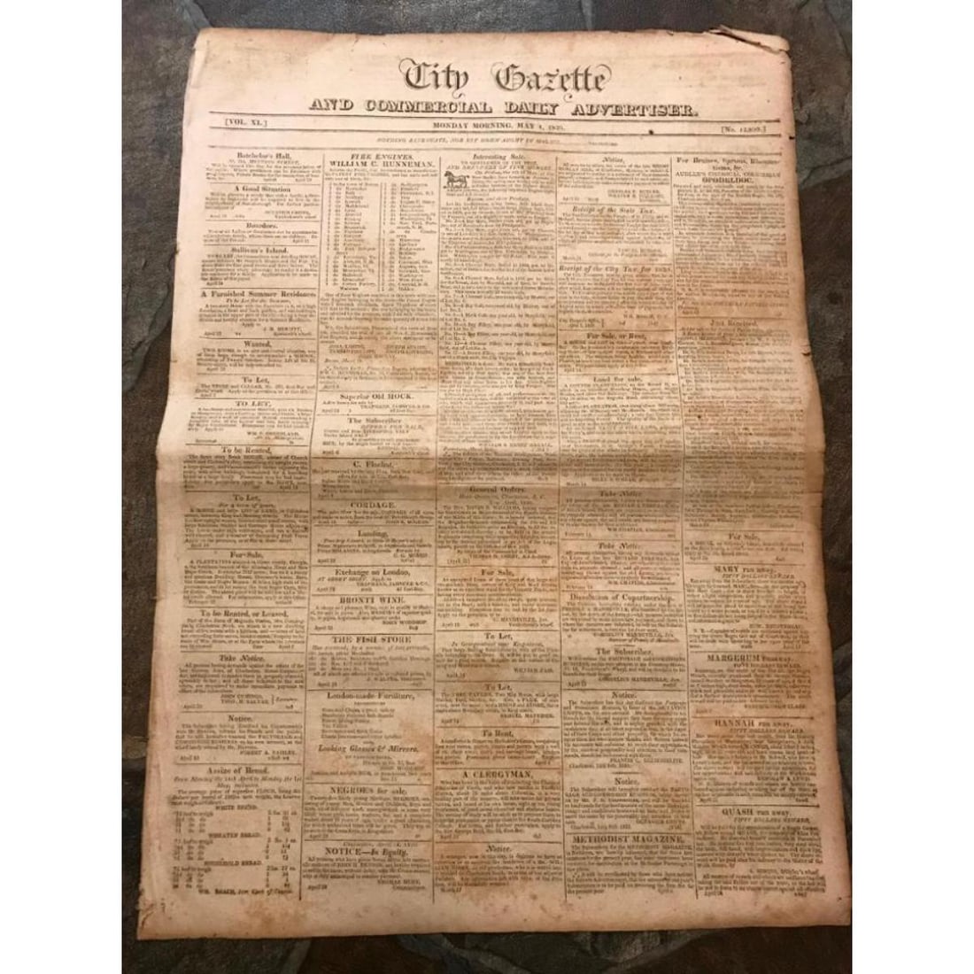 200+ Year Old Newspaper, The City Gazette, Charleston SC (1 of 4)