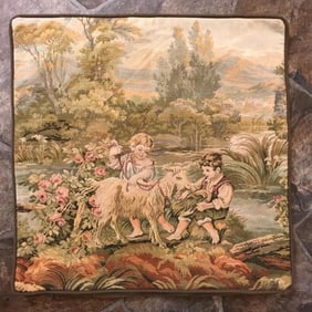 Vintage French Children With Goat Tapestry Pillow Cover