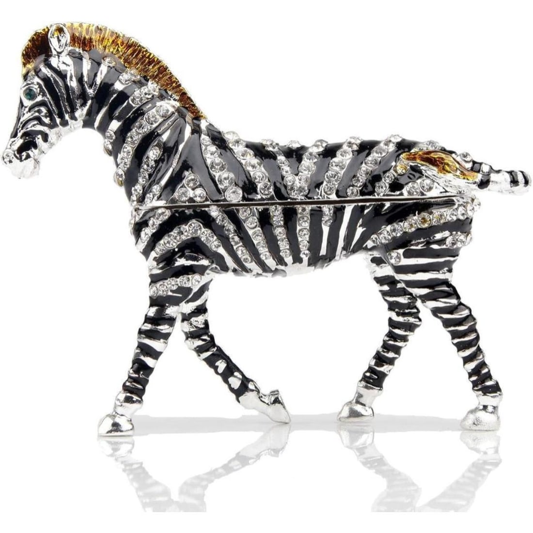 Zebra Trinket Jewel Box: Zebra trinket, jewel box. Enamel & gilt over pewter, with Austrian crystals. The top of the zebra lift up on a hinge, with snap closure, to reveal an enameled interior for storing trinkets or jewels.