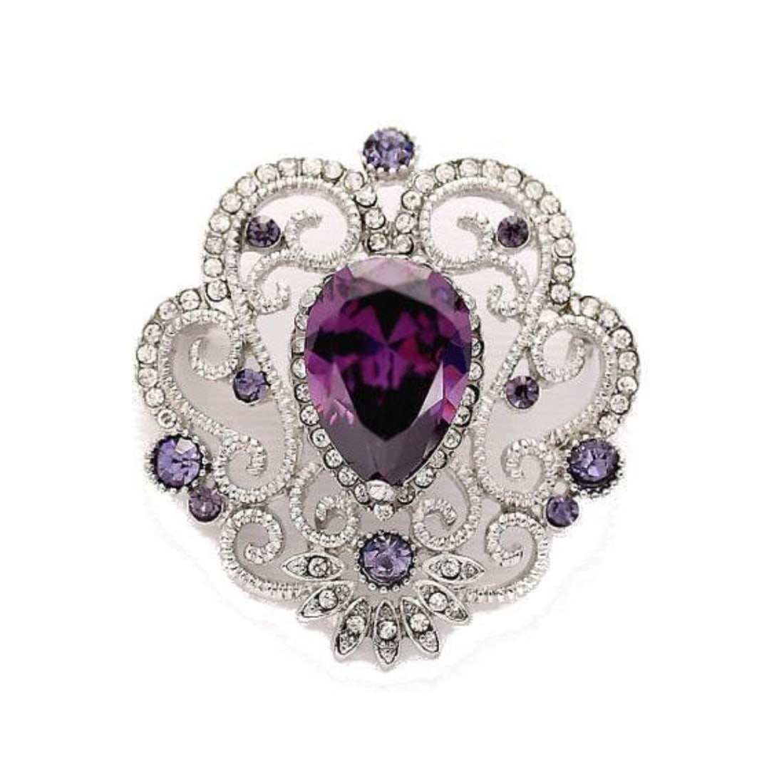 Swarovski Amethyst Crystal Brooch: Purple amethyst crystal costume brooch, consisting of a 12x18mm pear-shaped amethyst centerpiece, surrounded by smaller round faceted purple & clear Swarovski crystals, set into a lattice design brooc