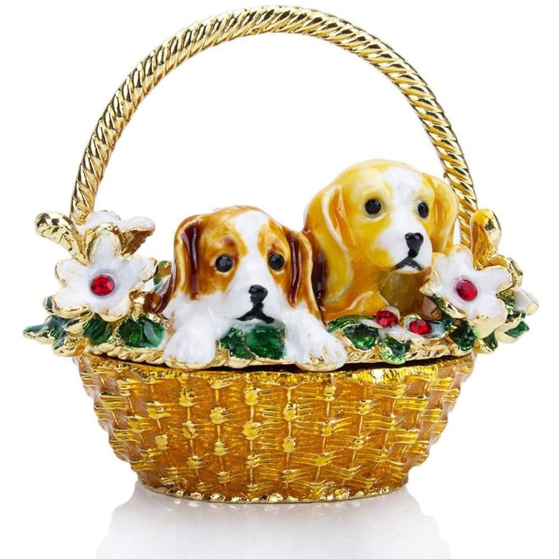 Puppies In Flower Basket Trinket Jewel Box: Puppies in Flower Basket trinket, jewel box. Enamel & gilt over pewter, with embedded Austrian crystals. The top of the basket lifts up on a hinge, with snap closure, to reveal an enameled interior fo