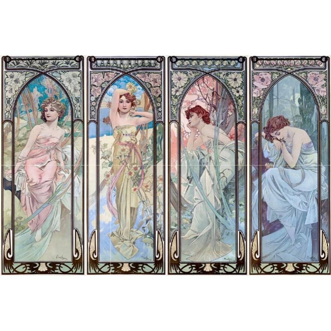 After Mucha, Times of the Day Ceramic Tile Mural: After Alphonse Mucha, Times of the Day ceramic tile mural, consisting of 6 glossy ceramic art tiles ( 6" each ) for an overall size of 18" X 12". *** Art Tile Murals are custom made to order and usual
