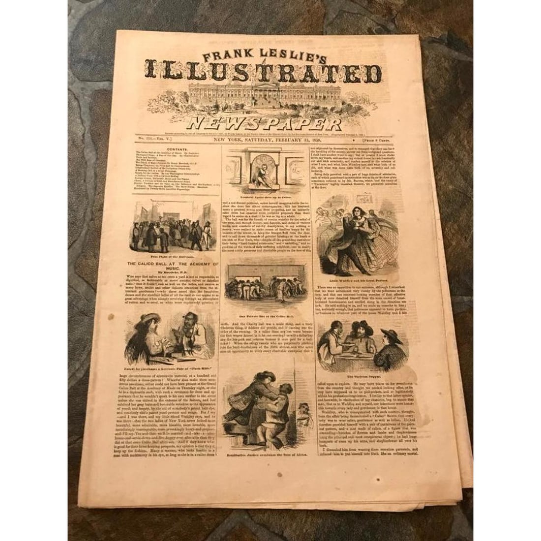 1858 Frank Leslie's Illustrated Newspaper, New York, Leviathan: 19th Century pre-Civil War era illustrated newspaper. Frank Leslie's Illustrated Newspaper dated February 13, 1858. Articles of the day including a 2 pages devoted to the newly built steamship Leviath