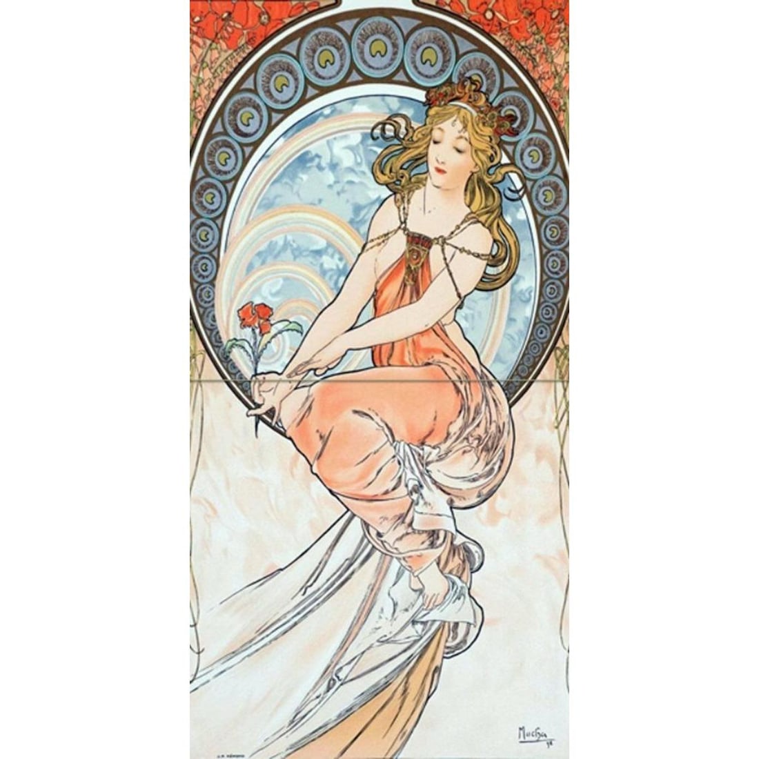 After Mucha, Poppy Girl Ceramic Tile Mural: After Alphonse Mucha, Girl holding poppies 2-piece ceramic tile mural. Each tile is 4 1/4" square. 8 1/2" height length total. *** Art Tile Murals are custom made to order and usually arrive to us in