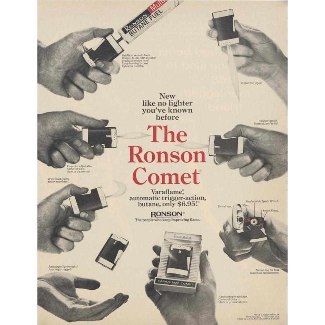 Mid Century Ronson Butane Lighter Canvas Backed Ad: Original 1969 magazine advertisement for Ronson Comet butane lighters. She slogan reads, "New like no lighter you've known before." 10 1/4" X 13 1/4". Mounted on archival linen canvas for preservation