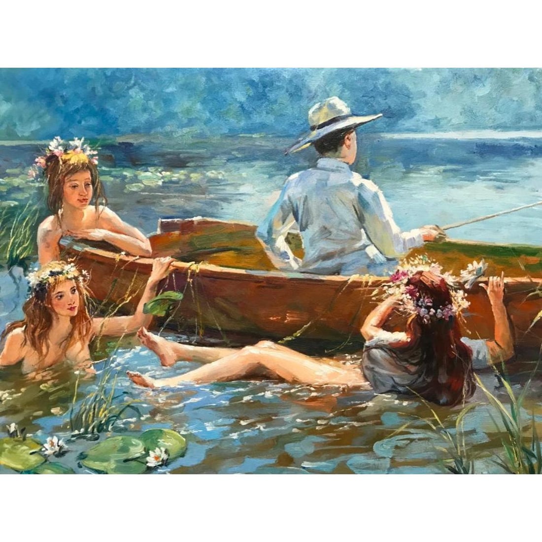 Fisherman With Water Nymphs Oil Painting: Oil on canvas painting of a Fisherman surrounded by Water Nymphs. Impressionist style, created by an artist with The Bianco School in the late 1990's. 24" X 36" on stretched canvas, ready to be framed
