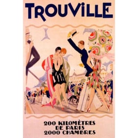 French Beach Hotel Color Lithograph Print