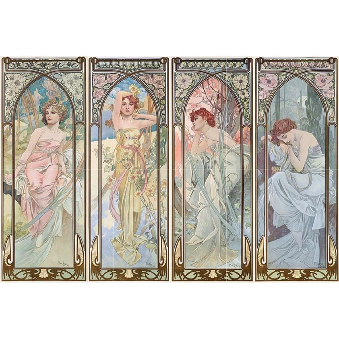 After Mucha, Ceramic Art Tile Mural: After Alphonse Mucha, ceramic art tile mural consisting of 6 ( 6" X 6" ) glossy ceramic art tiles. Overall mural size 18" W X 12" H. *** Art Tile Murals are custom made to order and usually arrive to
