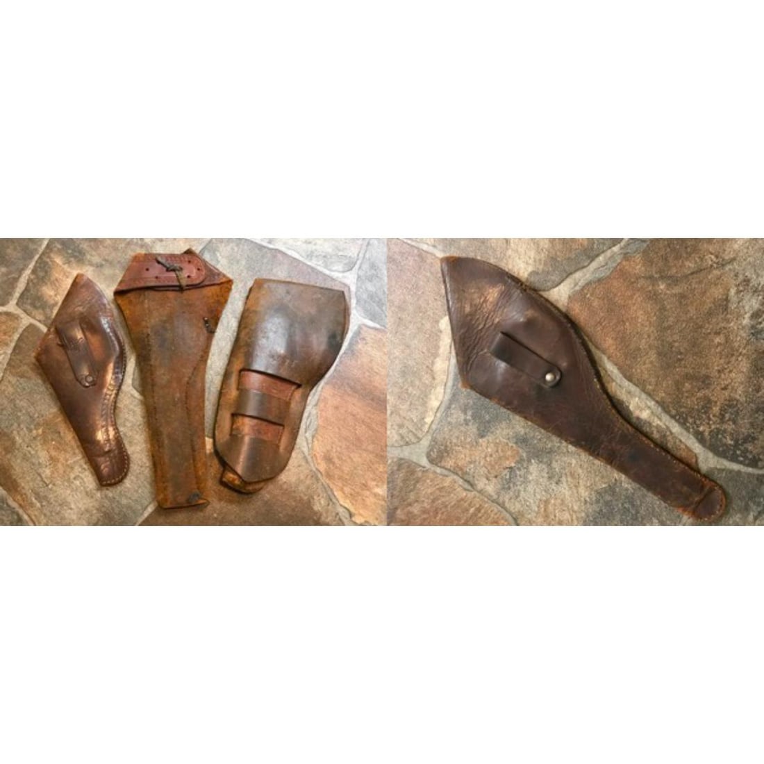 Group of Vintage Leather Holsters: Group of four vintage, leather gun, pistol, revolver holsters. Some with tooled designs, in period worn condition a shown in photos. - Smallest - 10" L X 3 1/2" W. Stamped on the reverse 832 & 3 1/2 w