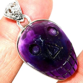 Rainbow Fluorite Carved Skull Sterling Pendant