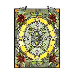 Golden Ring of Roses Stained Art Glass Panel