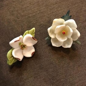 Pair of Vintage Handmade Brooch Pins, Dogwood, Magnolia