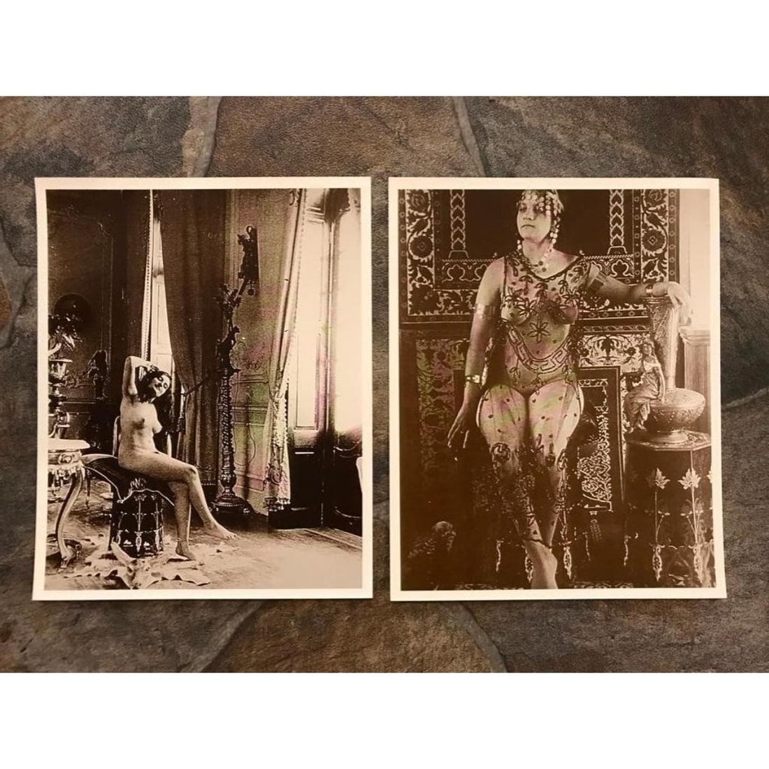 Wild West Prostitutes Photo Prints: Pair of Victorian, Wild West era Prostitutes sepia-tone photo prints. Created in the early 1990s, printed on card stock. 8" X 10" each.