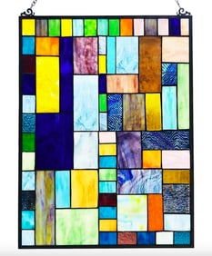 Geometric Stained Art Glass Hanging Window Panel