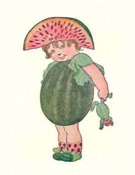1914 Children's Prints, Watermelon, Olive: 1914 children's bookplate prints, color lithographs from Mother Earth's Children by Elizabeth Gordon. Two prints ( front & back ) Watermelon, Olive. Poems with each. 6" X 9".