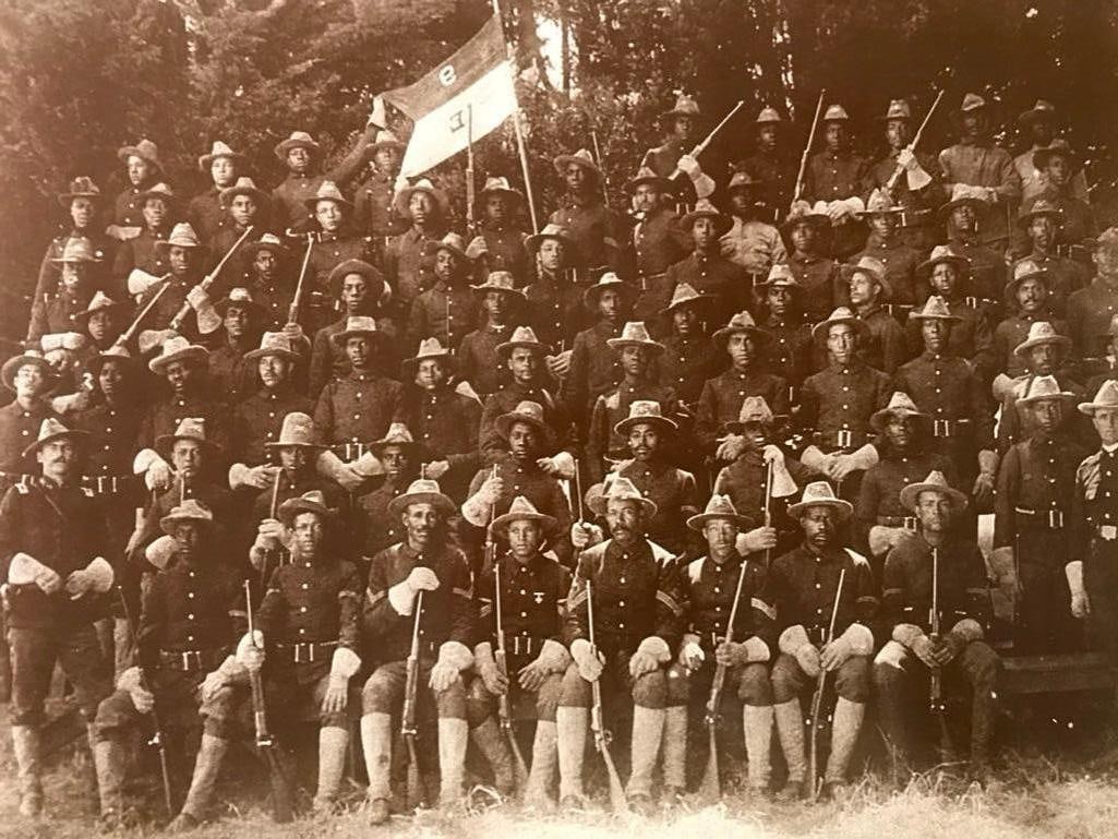 African American History, Buffalo Soldiers, Photo Print: African American History, Buffalo Soldiers during the Spanish American War, formal pose, sepia tone photo print. Created on heavy cardstock in the early 1990's for The American Heritage Galleries. 11"