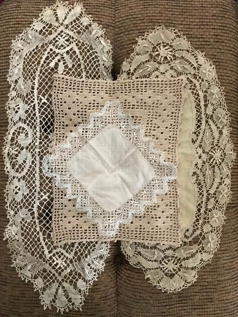 Group of Ecru Lace Table Runners, Doilies: Group of 4 ecru lace, crochet doilies, napkins & table runners. Pieces are: 11" X 14" heavy crochet place mat or centerpiece, 9" X 9" napkin handkerchief square, 12" X 23" 3D floral centerpiece or run