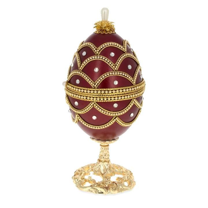 Royal Russian Real Eggshell Music Box: Russian handmade ornamental music box, inspired by the creations of Carl Faberge for the Russian Royal family. Made from a real eggshell, it is hand-painted with translucent burgundy enamel color & ad