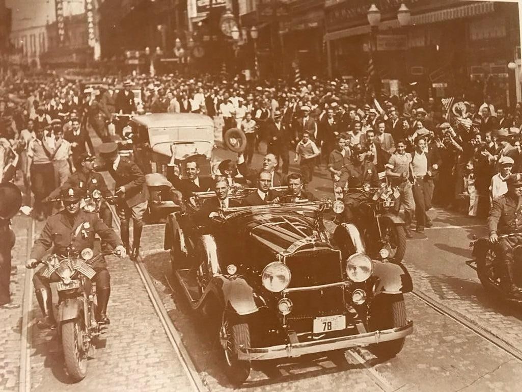 Roosevelt Campaign, Atlanta, Georgia Photo Print: Franklin Delano Roosevelt in Atlanta Georgia, 1932 Presidential Campaign Trip, sepia-tone photo print. Created in the early 1990s for The American Heritage Galleries, printed on heavy card stock. 11" 