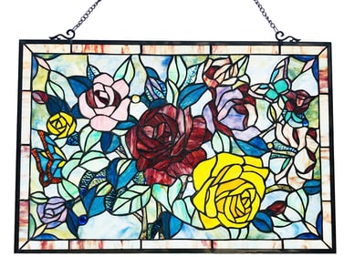Butterflies Roses Stained Art Glass Panel