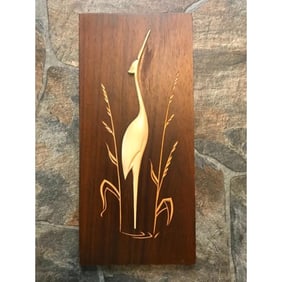 Mid-Century Modern Carved Wooden Crane Plaque