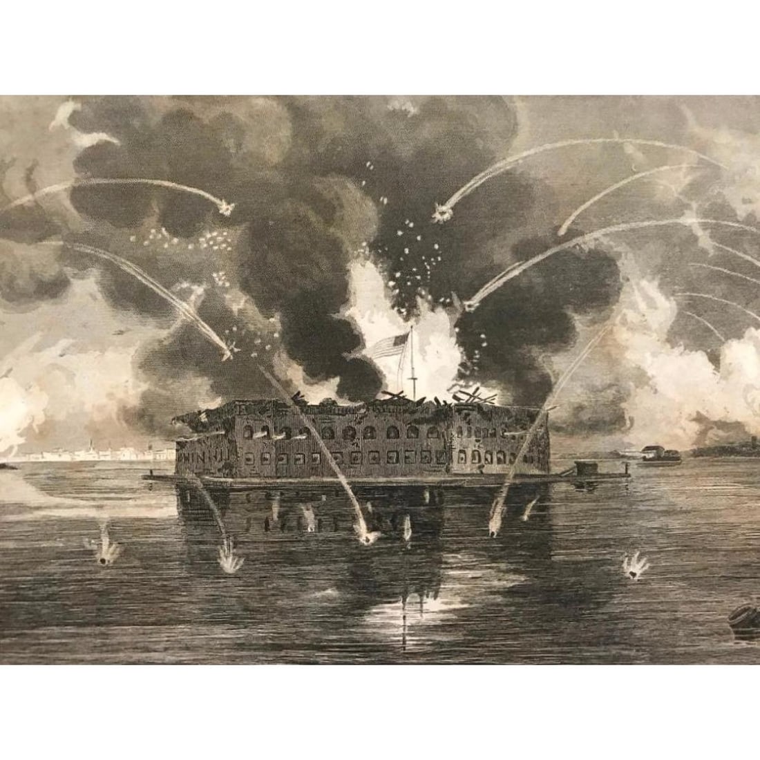 19thc Civil War Engraving of Fort Sumter, Charleston, SC: 19th-century, 1861 Civil War steel engraving - Bombardment Of Fort Sumter - bookplate, engraved expressly for Abbotts Civil War. The image shows the flag flying over the fort as cannon fire comes from