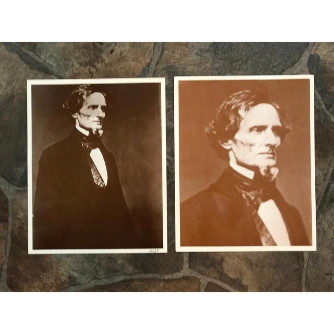 Pair of Confederate States President Jefferson Davis Photo Prints: Pair of Civil War Confederate States President Jefferson Davis sepia-tone photo prints. Created in the early 1990s for The American Heritage Galleries. Printed on card stock 8" X 10" each.