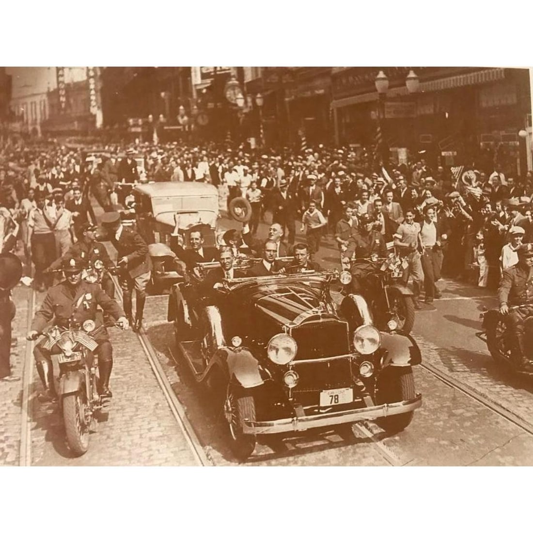 Roosevelt Campaign, Atlanta, Georgia Photo Print: Franklin Delano Roosevelt in Atlanta Georgia, 1932 Presidential Campaign Trip, sepia-tone photo print. Created in the early 1990s for The American Heritage Galleries, printed on heavy card stock. 11" 