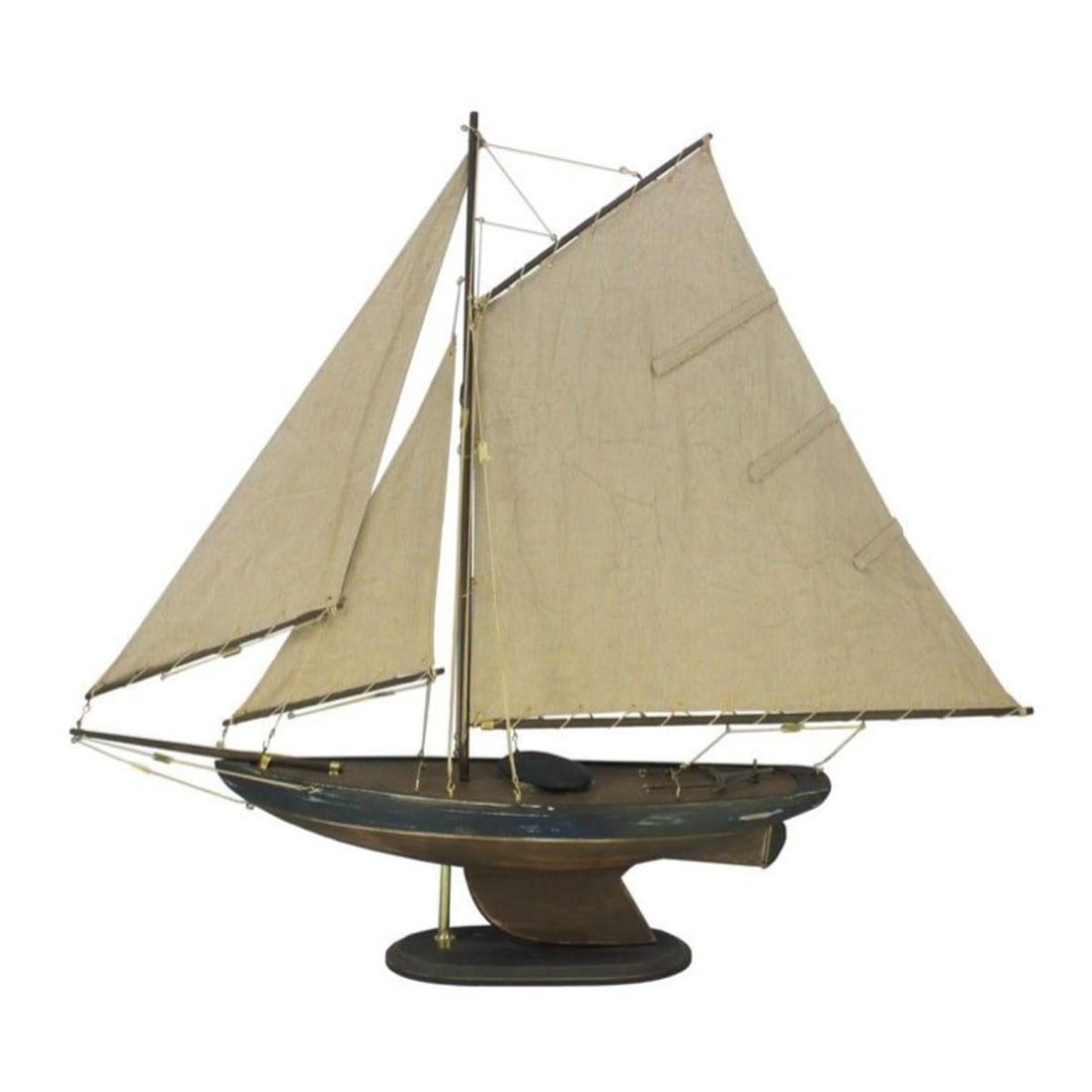 Rustic Newport Sloop Model Sailboat: Rustic Newport Sloop model sailboat, handcrafted from wood by master artisan. Wooden curved hull, keel & rudder, construction with visible wood grain. Thick, sturdy canvas used for all sails. Pre-asse