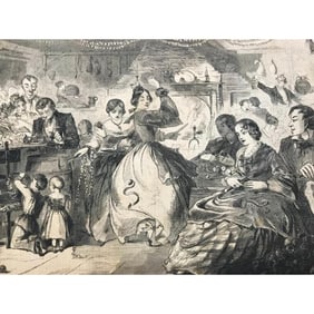 Rare 19thc Wood Engraving, Fall Games, The Apple Bee