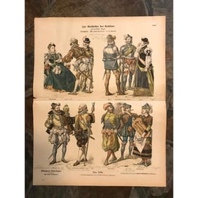 Rare 19thc German Costume Prints, 16th Century Military, Nobelmen