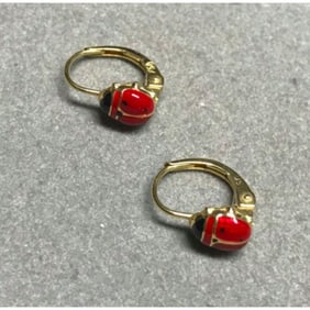 18kt Gold Enamel Ladybug Drop Earrings
