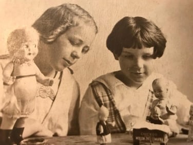 1930s Sepia Photo, Little Girls Playing With Dolls