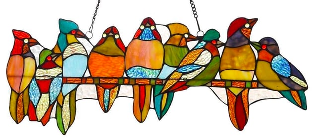 Birds On A Vine Stained Art Glass Panel