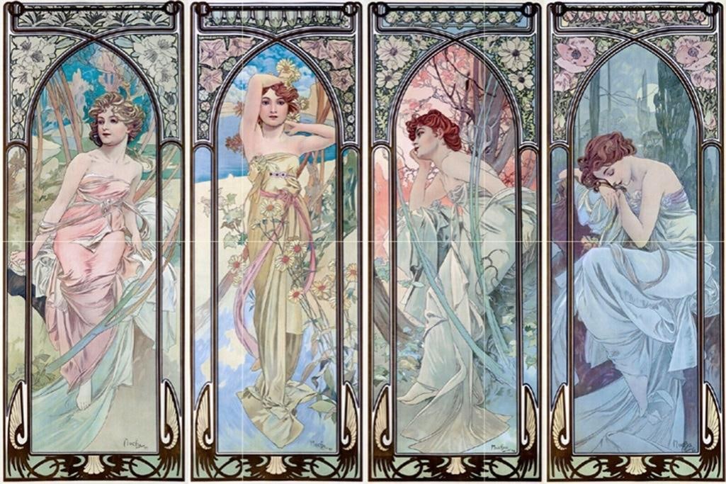 After Mucha, Times of the Day Ceramic Tile Mural: After Alphonse Mucha, Times of the Day ceramic tile mural, consisting of 6 glossy ceramic art tiles ( 6" each ) for an overall size of 18" X 12". *** Art Tile Murals are custom made to order and usual