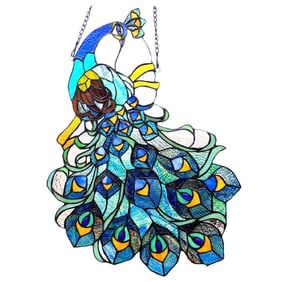 Stained Art Glass Peacock Hanging Window Panel