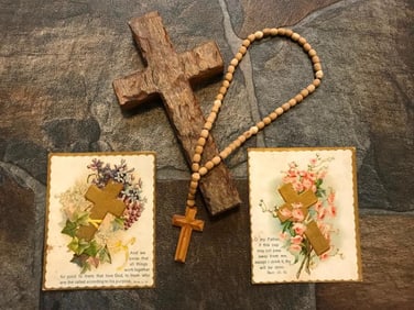 Group of Christian items: Olive Wood Cross, Rosary Beads, Cards