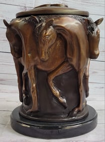 Signed Equestrian, Western Horses Bronze Urn, Lidded Jar