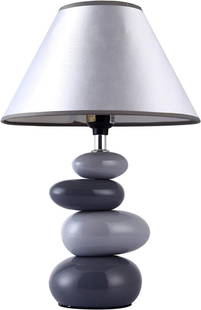 Decorative Ceramic Stone Cairn Lamp: Decorative Ceramic Cairn Stone Lamp with gray shade. 14" H X 8" D shade. A cairn is a man-made pile of stones, the word coming from the Scottish Gaelic: carn. Cairns have been used from prehistoric ti
