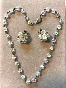 Mid Century Crystal Necklace Earrings Set