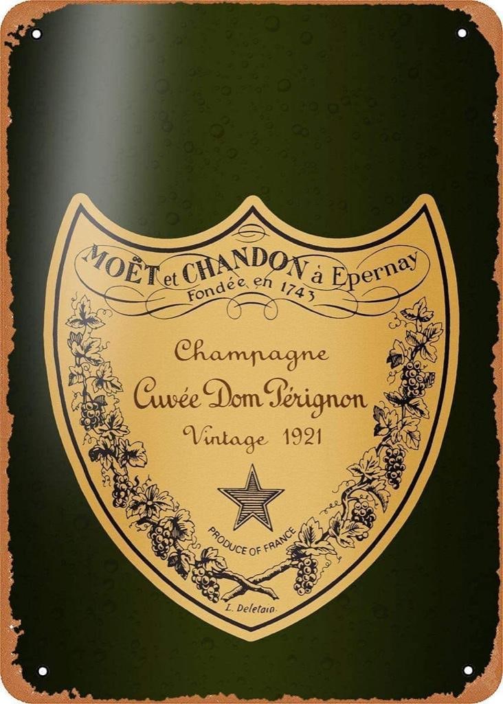 Dom Perignon Champagne Metal Sign: Dom Perignon Champagne metal pub bar sign. 12" X 18" with pre-drilled holes for mounting.