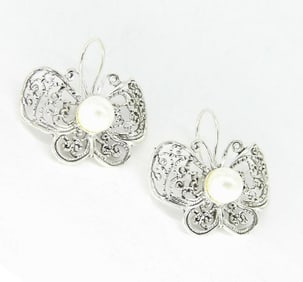 Cultured Pearl Sterling Silver Butterfly Earrrings