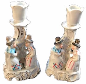 19thc Pair of German Porcelain Candle Holders