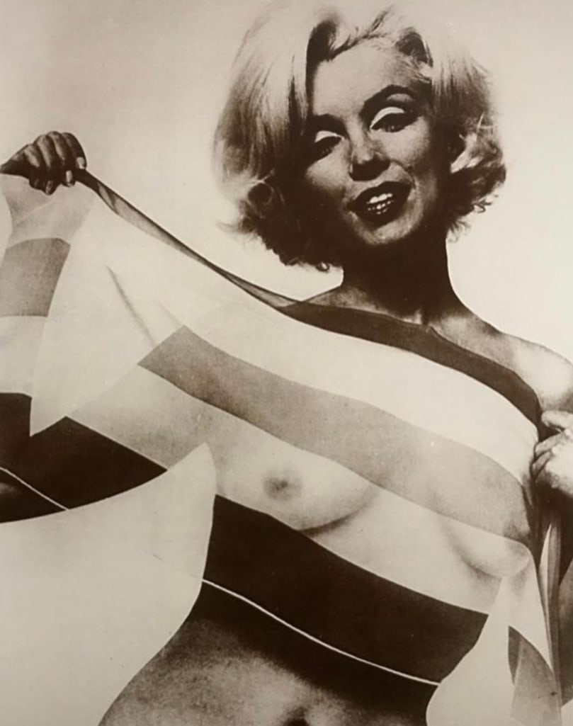 Nude Marilyn Monroe Photo Print: Vintage from the 1990's sepia-tone photo print, on heavy cardstock. 1960's Nude Marilyn Monroe behind see-through scarf. 8" X 10".
